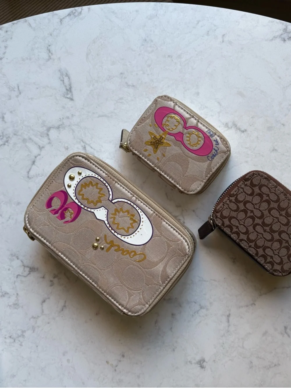 Coach Beige & Brown Signature Accessory Set with Pink Accent LOT Cases only